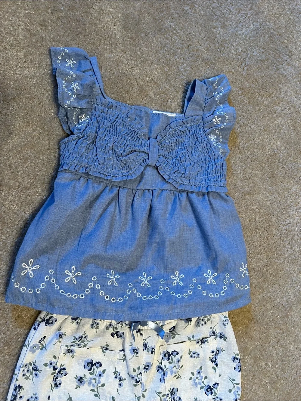 Little Lass Blue Top with Cream Floral Pants Matching Set - Picture 3 of 6